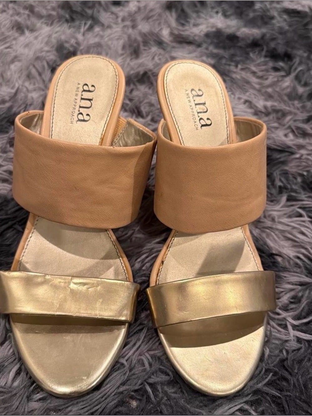 a.n.a Gold and Tan Double-Band Slide Sandals